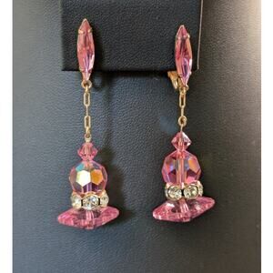 Vintage Pink AB Faceted Crystal Rhinestone Gold Tone Dangle Ear Clips